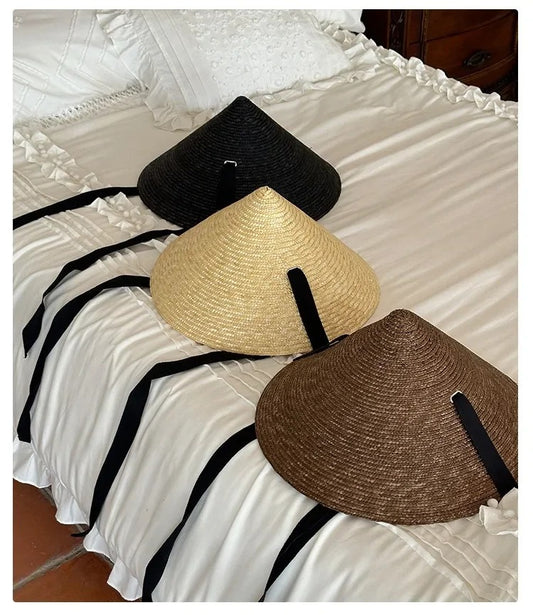 Womens Retro Pastoral Straw Hat French Top Natural Wheat Straw Sun Hats  Seaside Vacation Lace-up Big Brim Beach Hat