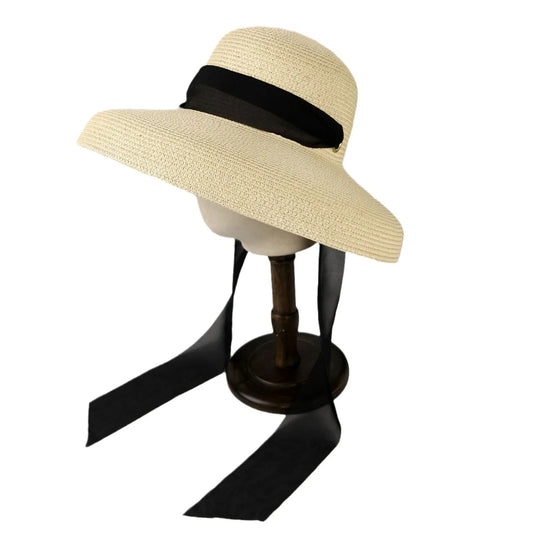 Summer Pape Straw Hat with Windproof Rope Hepburn Style Big Eaves Female Outdoor Travel Beach Vacation Seaside Sun Hat Female