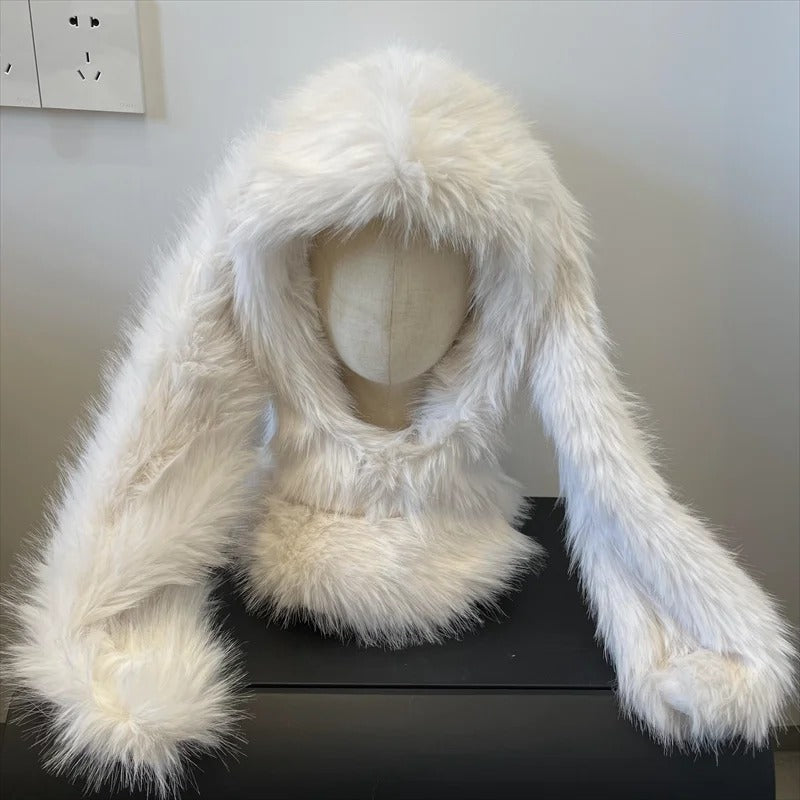 Lovely Balaclava Hat for Women Thickened Warm Plush Pullover Scarf Caps with Long Rabbits Ear Outdoor Activity Headwear