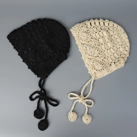 New Handmade Fashion Crochet Lace Knit Hat  Spring Summer Ball Fringe Ear Strap Hat  Red Ladies Crochet Hat  Floral Skull Cap