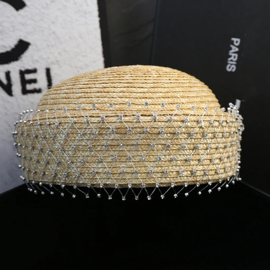 2025 Rhinestone Shiny  Straw Beret Women's Natural Bucket Sun Hat Circle Concave Top Straw Hat Church Derby Party Beach Hat