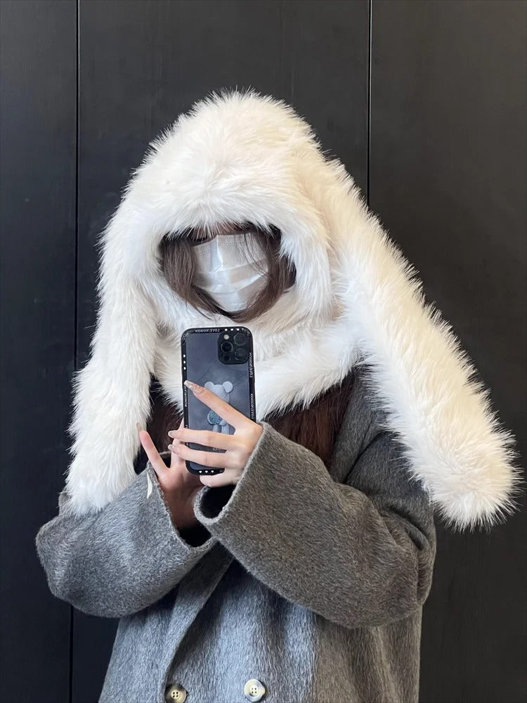 Lovely Balaclava Hat for Women Thickened Warm Plush Pullover Scarf Caps with Long Rabbits Ear Outdoor Activity Headwear