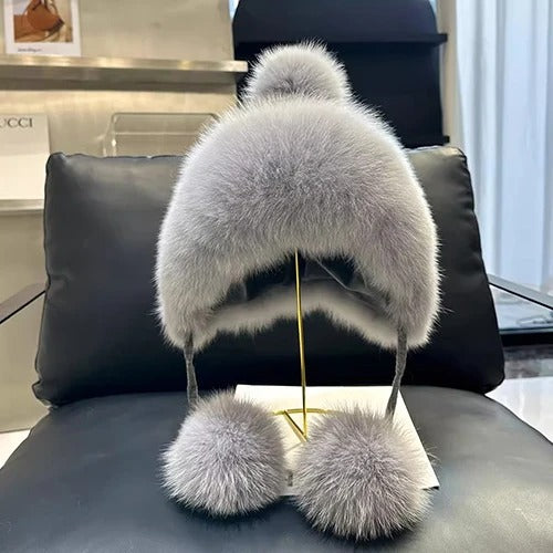 Outdoor Earflap hat Wool Knitted Snow Ski Cap Fleece Bomber Trapper Hat Women Fox Fur Pompom Winter