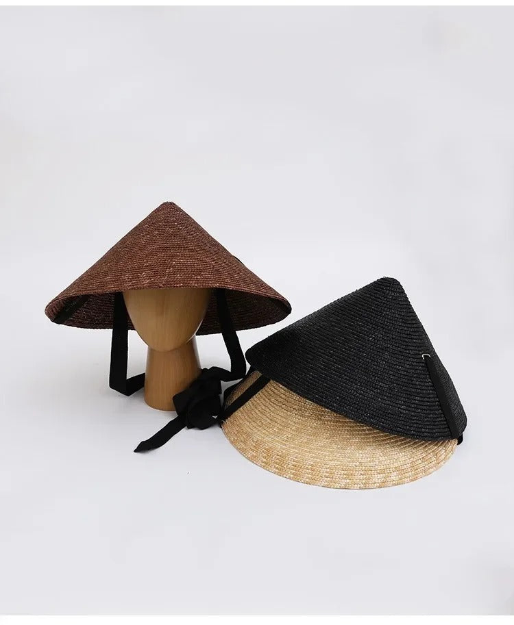 Womens Retro Pastoral Straw Hat French Top Natural Wheat Straw Sun Hats Seaside Vacation Lace-up Big Brim Beach Hat