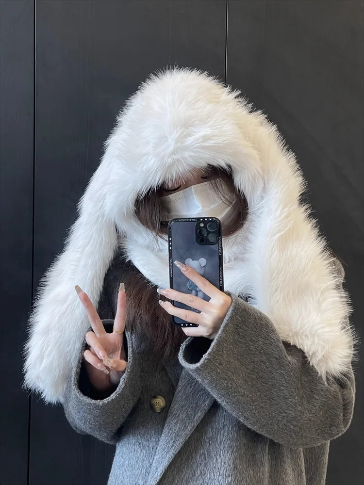 Lovely Balaclava Hat for Women Thickened Warm Plush Pullover Scarf Caps with Long Rabbits Ear Outdoor Activity Headwear