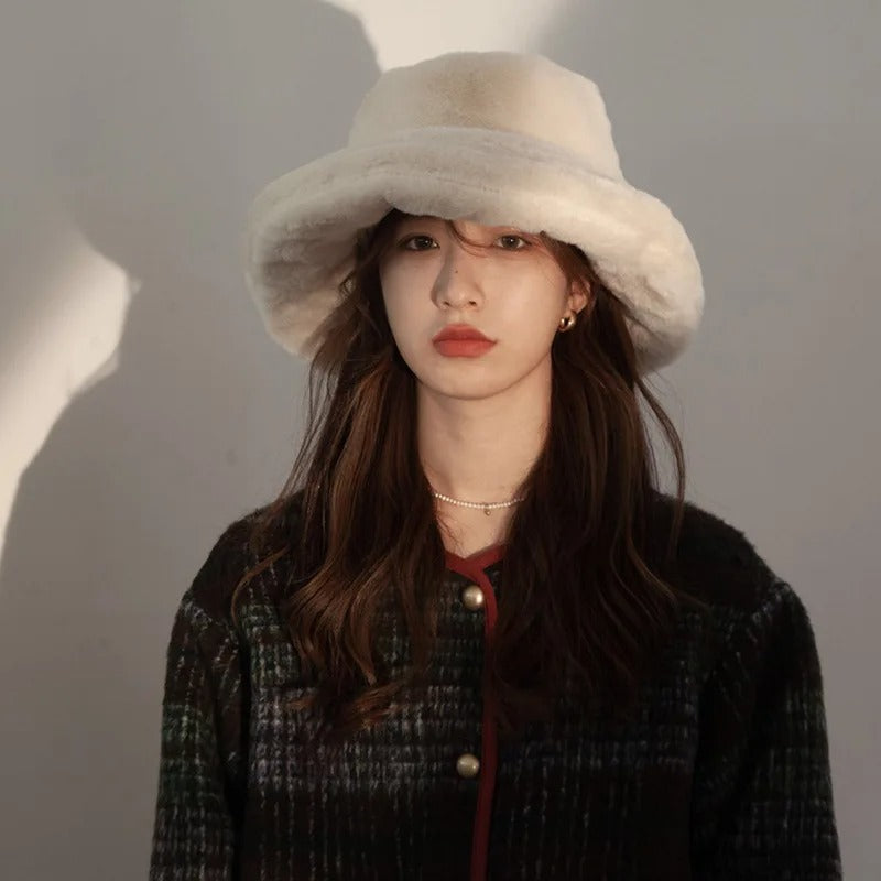 Oversized Plush Fluffy Bucket Hat Women Female Fashion Faux Fur Autumn Winter Hat Large Warm Clouds Fisherman Cap luxury hat