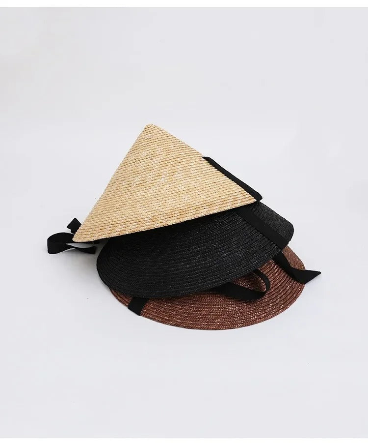 Womens Retro Pastoral Straw Hat French Top Natural Wheat Straw Sun Hats Seaside Vacation Lace-up Big Brim Beach Hat
