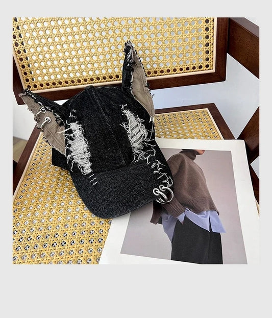 Black Devil Ears Denim Baseball Caps Women Summer Autumn Personality Versatile Retro Ripped Style Hip Hop Men's Hats