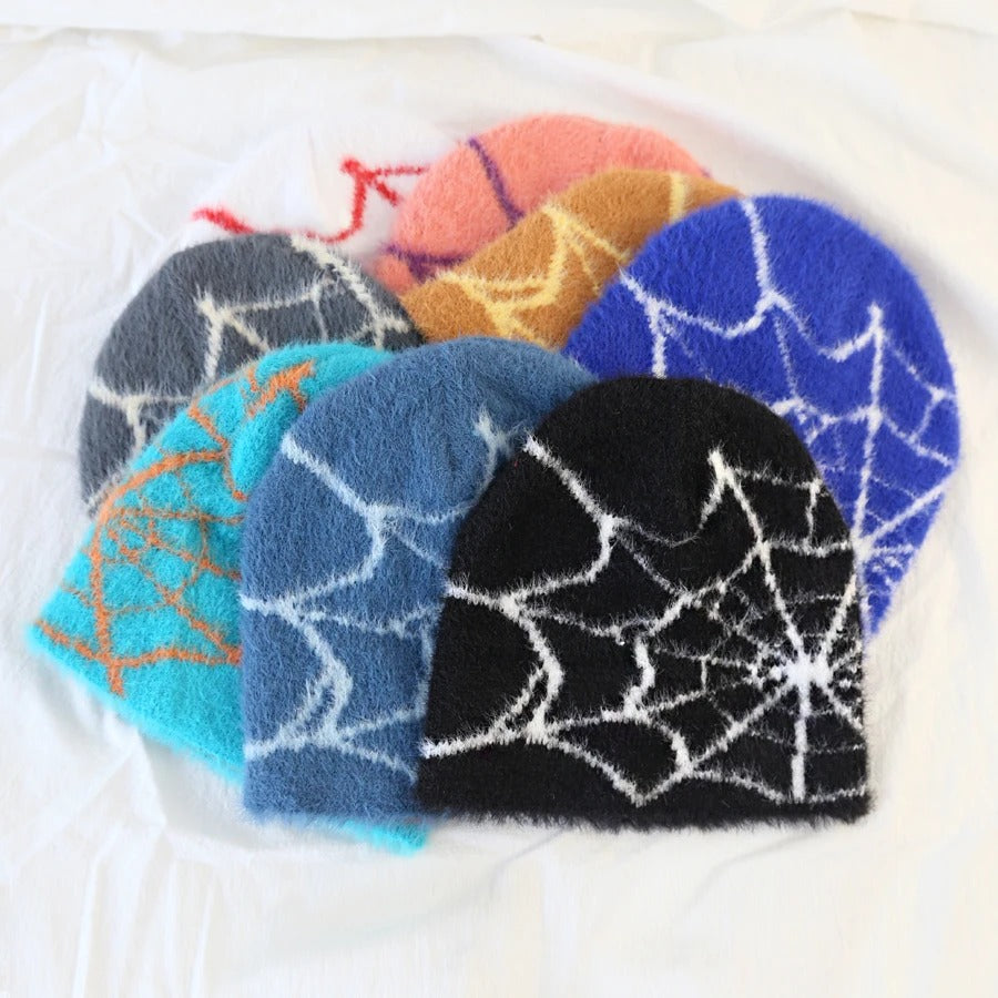 Fashion Plush Knit Spider Web Design Hat for Men Women Pullover Pile Cap Goth Warm Beanie Hats New Hip-hop Street Cap