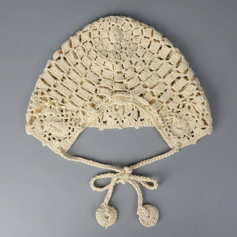 New Handmade Fashion Crochet Lace Knit Hat Spring Summer Ball Fringe Ear Strap Hat Red Ladies Crochet Hat Floral Skull Cap