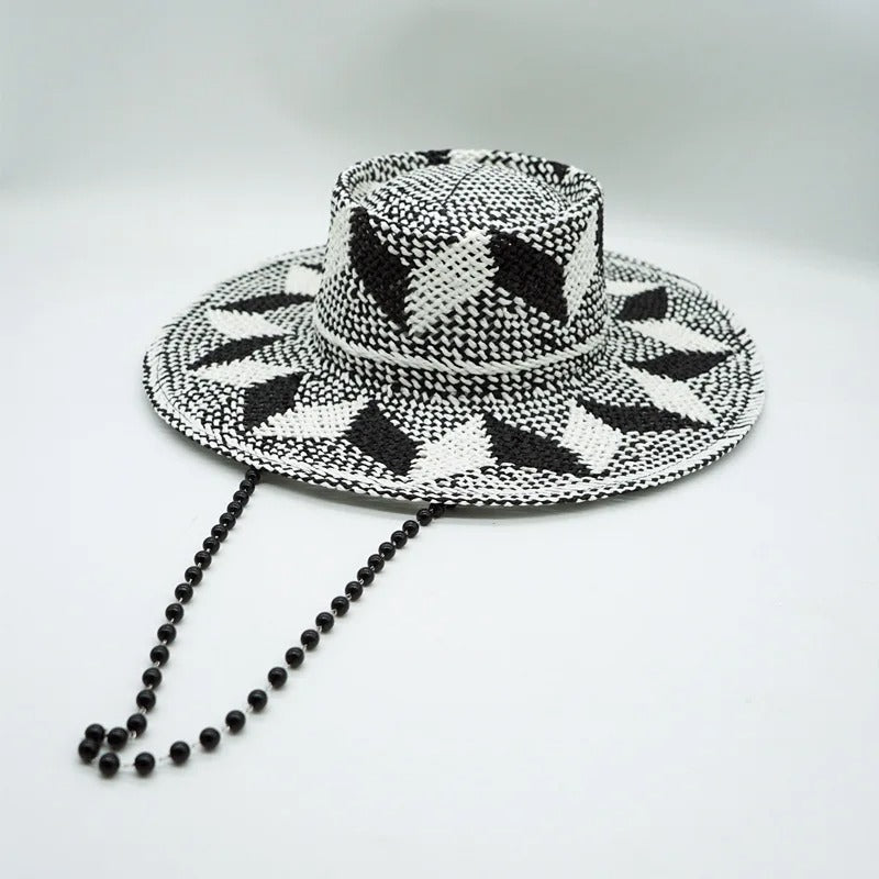 Black White Pattern Toquilla Straw Hats Panama Hats Pearls Chain Sun Hats for Women Men Handmade Fedora Beach Travel Hat