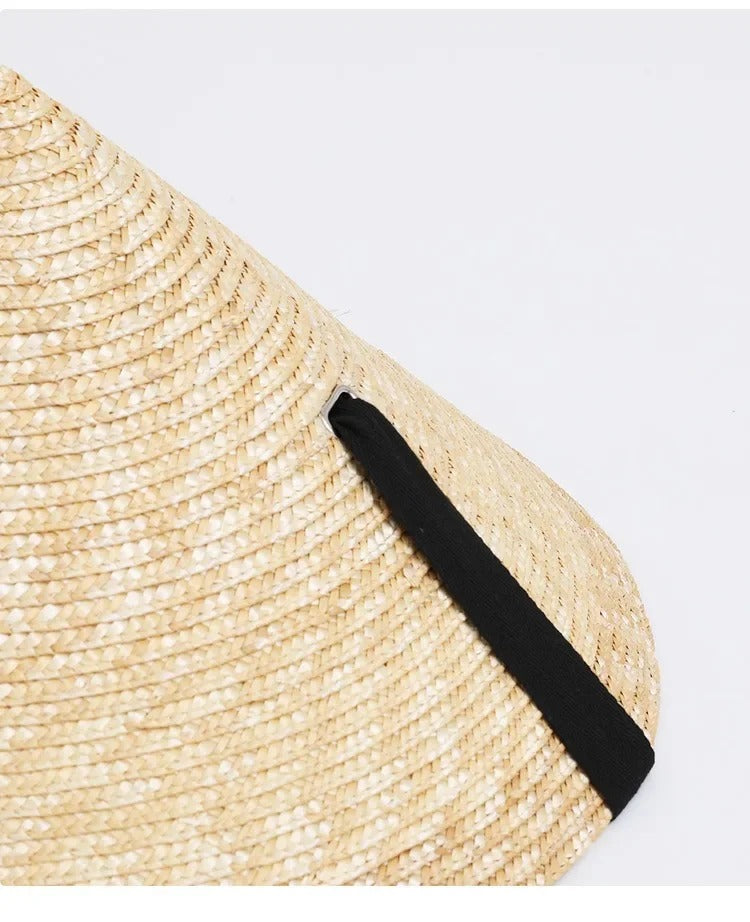 Womens Retro Pastoral Straw Hat French Top Natural Wheat Straw Sun Hats Seaside Vacation Lace-up Big Brim Beach Hat