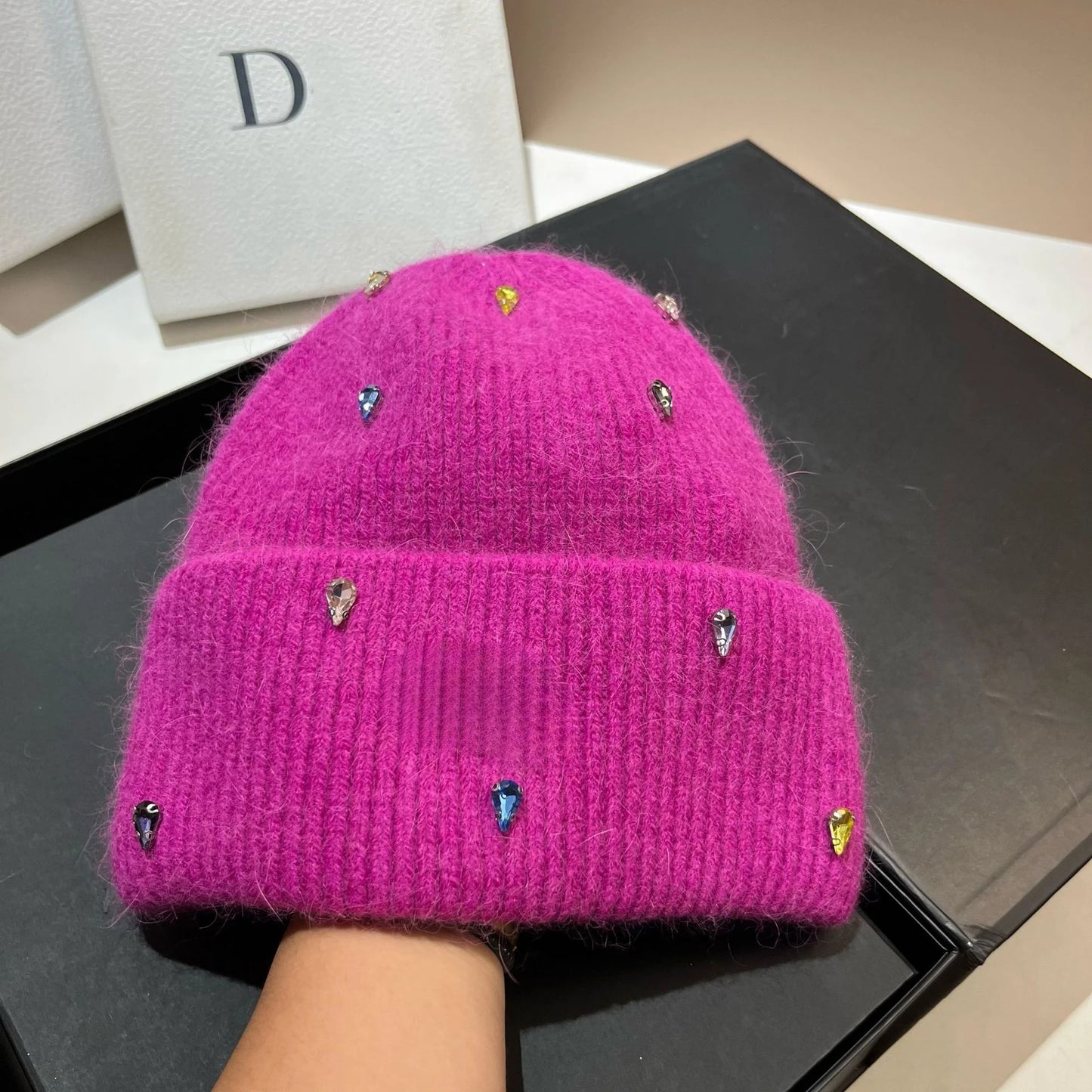 Fashion Warm Angola Rabbit Fur Winter Knitted Beanies Women Cap Female Ski Outdoor Warm Cashmere Wool Hats