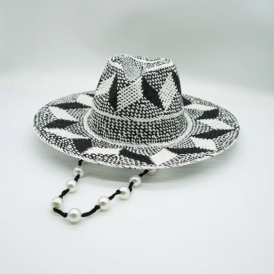 Black White Pattern Toquilla Straw Hats Panama Hats Pearls Chain Sun Hats for Women Men Handmade Fedora Beach Travel Hat