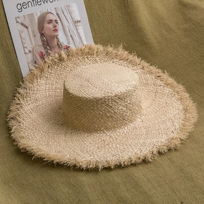 100% Handmade Natural Raffia Hats Women Flat Top Wide Brim Straw Hat Beach Hat Lady Holiday Panama Sun Protection Sun Hat