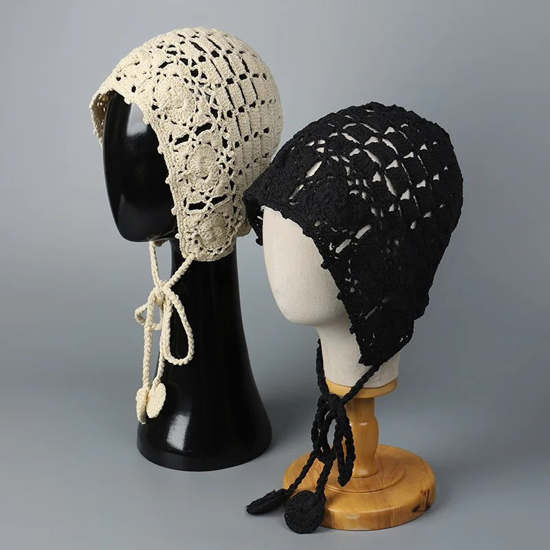 New Handmade Fashion Crochet Lace Knit Hat Spring Summer Ball Fringe Ear Strap Hat Red Ladies Crochet Hat Floral Skull Cap