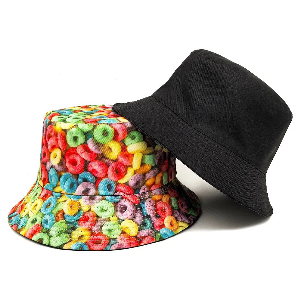 Donut Pattern Bucket Hat Cartoon Graffiti Printing Fisherman Hats Double Sides Panama Cap Men Women Sun Sunscreen Outdoor