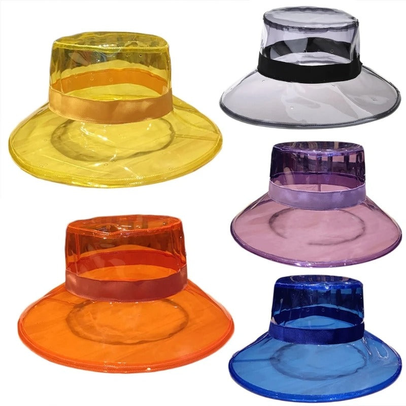 Women Men Summer PVC Transparent Bucket Hat Bright Jelly Solid Color Wide Brim Breathable Waterproof Fisherman Rain Hat