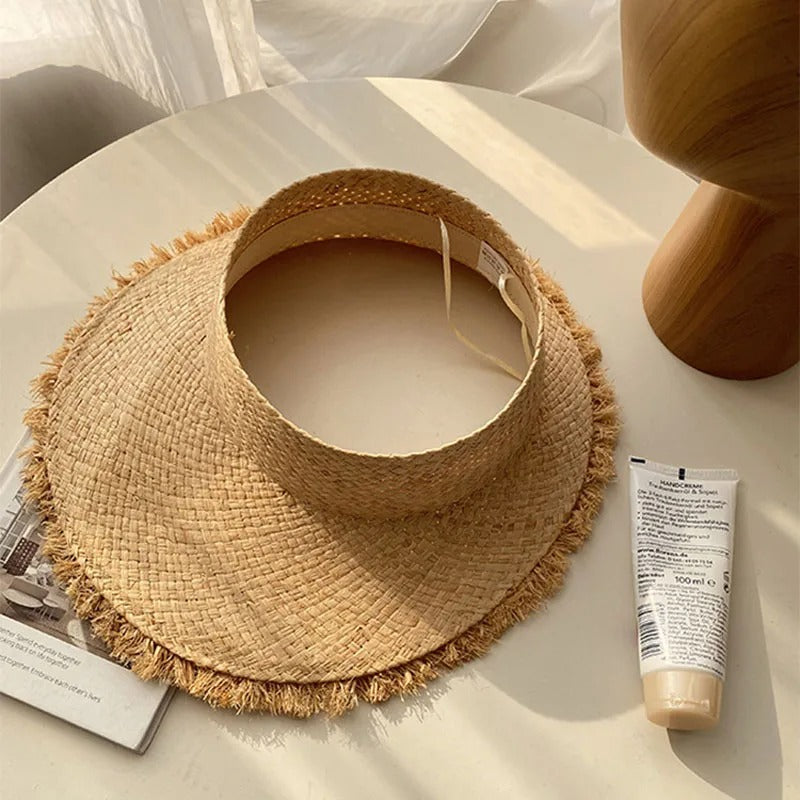 Nature Raffia Straw Sun Hat for Women 57cm Emtey Top Vsor Summer Outdoor Holiday Beach Hawaii Style Straw Hat for Female