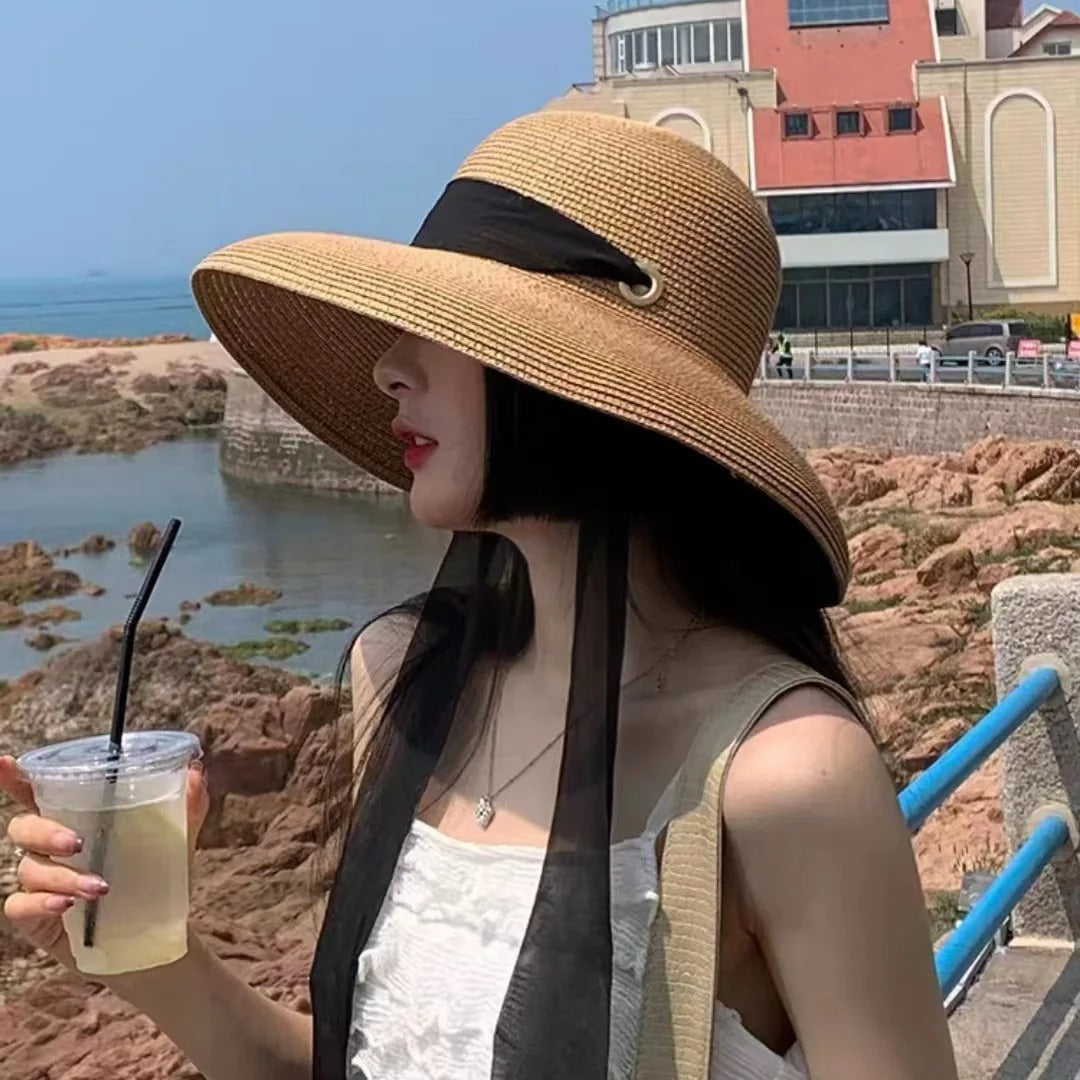 Summer Pape Straw Hat with Windproof Rope Hepburn Style Big Eaves Female Outdoor Travel Beach Vacation Seaside Sun Hat Female