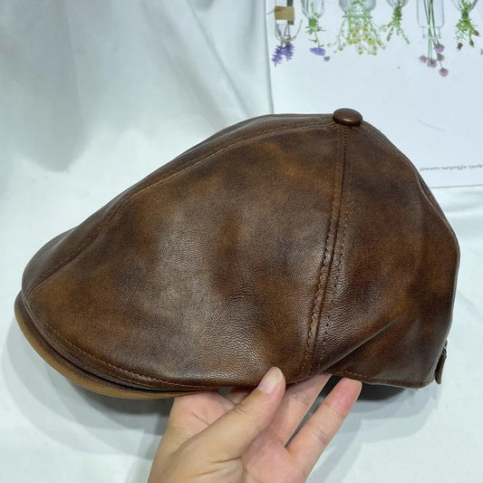 PU Leather Cap Male Retro Forward Hat Men Casual Women Winter Pure Color Beret Hats Show Face Small Octagonal Hats
