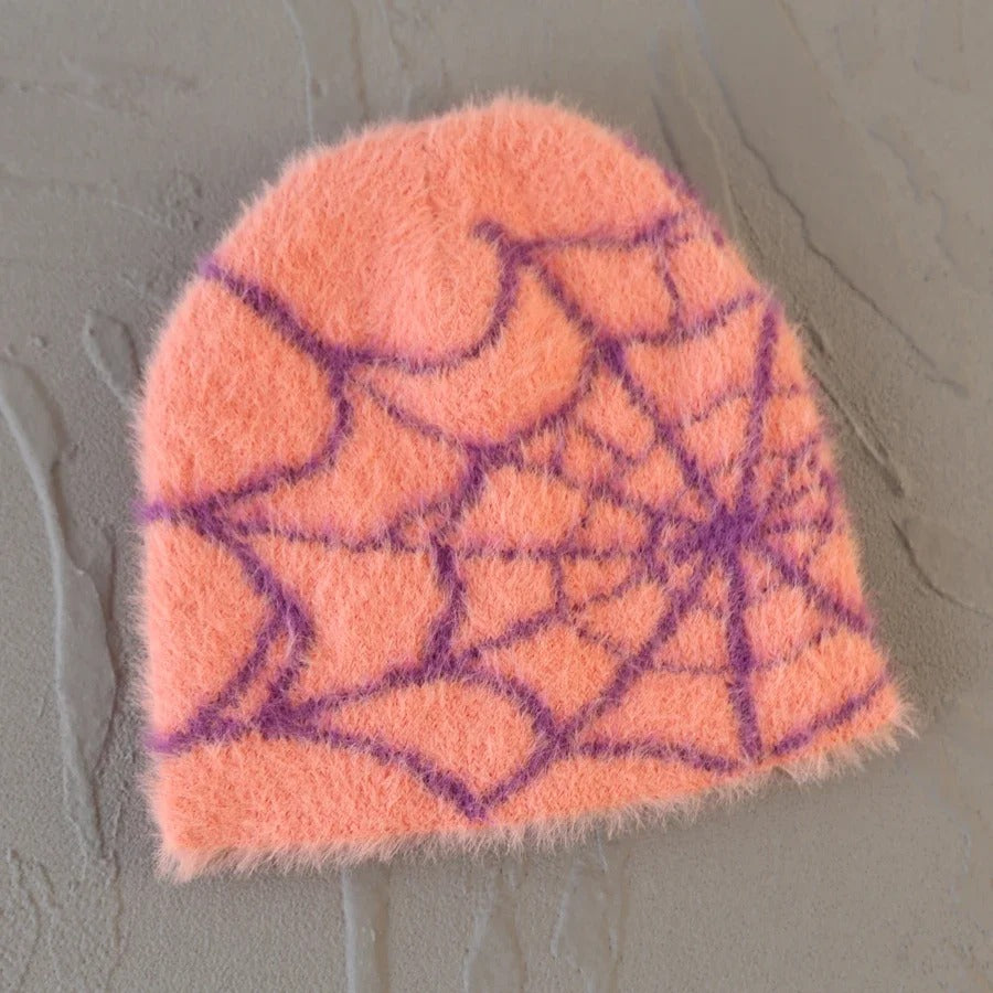 Fashion Plush Knit Spider Web Design Hat for Men Women Pullover Pile Cap Goth Warm Beanie Hats New Hip-hop Street Cap