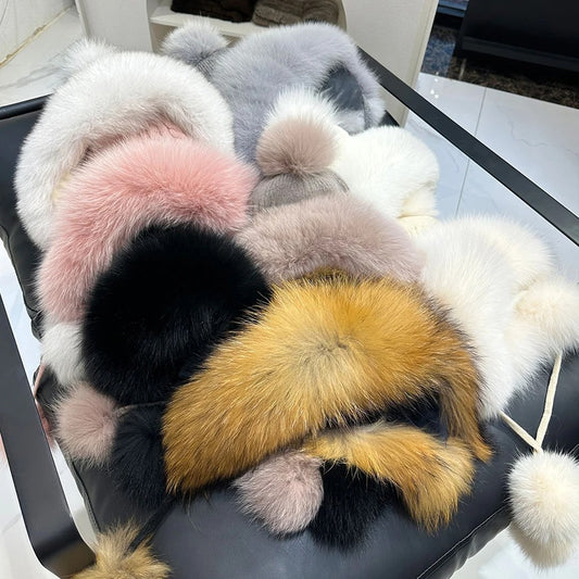 Outdoor Earflap hat Wool Knitted Snow Ski Cap Fleece Bomber Trapper Hat Women Fox Fur Pompom Winter