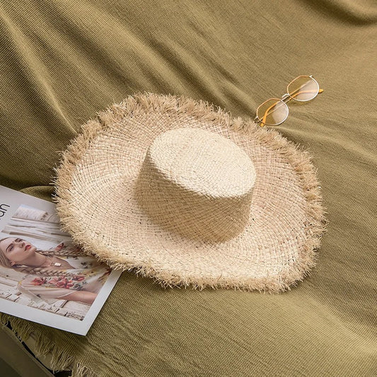 100% Handmade Natural Raffia Hats Women Flat Top Wide Brim Straw Hat Beach Hat Lady  Holiday Panama Sun Protection Sun Hat