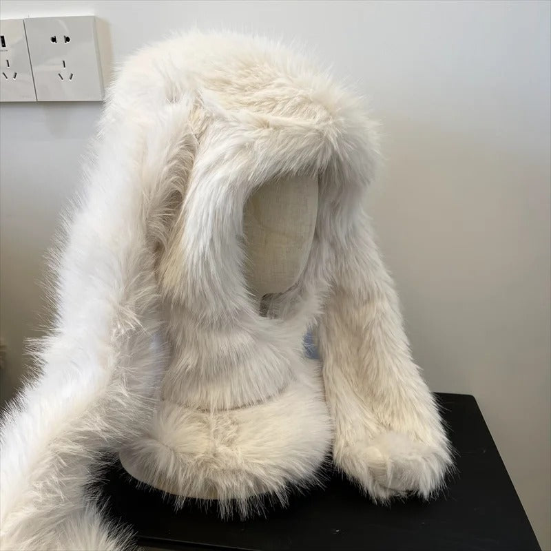 Lovely Balaclava Hat for Women Thickened Warm Plush Pullover Scarf Caps with Long Rabbits Ear Outdoor Activity Headwear