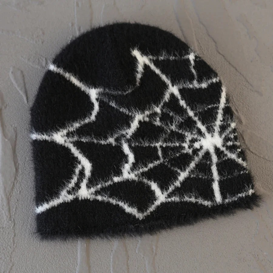 Fashion Plush Knit  Spider Web Design Hat for Men Women Pullover Pile Cap Goth  Warm Beanie Hats New Hip-hop Street Cap