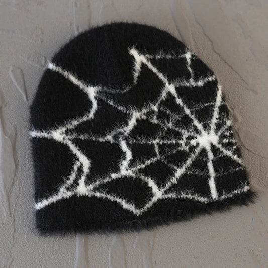 Fashion Plush Knit  Spider Web Design Hat for Men Women Pullover Pile Cap Goth  Warm Beanie Hats New Hip-hop Street Cap