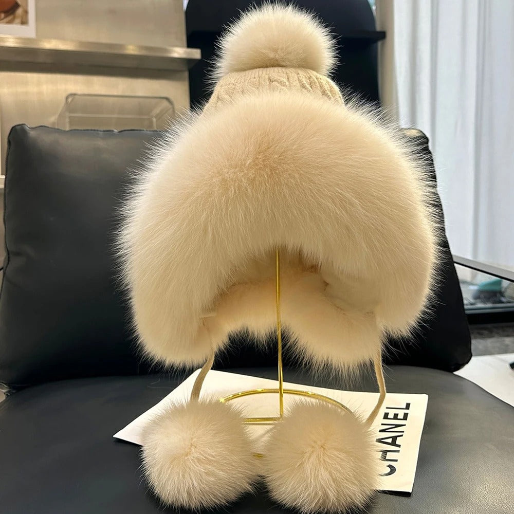 Outdoor Earflap hat Wool Knitted Snow Ski Cap Fleece Bomber Trapper Hat Women Fox Fur Pompom Winter