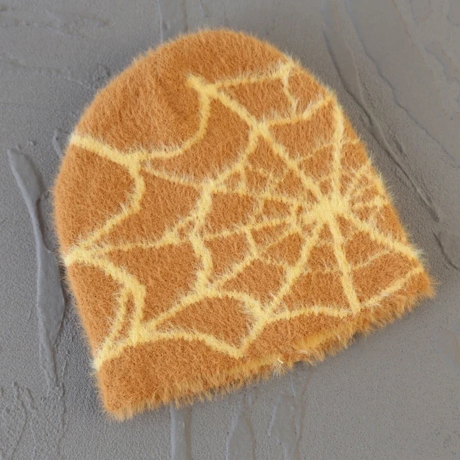 Fashion Plush Knit  Spider Web Design Hat for Men Women Pullover Pile Cap Goth  Warm Beanie Hats New Hip-hop Street Cap