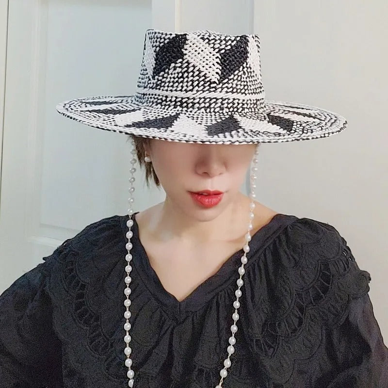 Black White Pattern Toquilla Straw Hats Panama Hats Pearls Chain Sun Hats for Women Men Handmade Fedora Beach Travel Hat