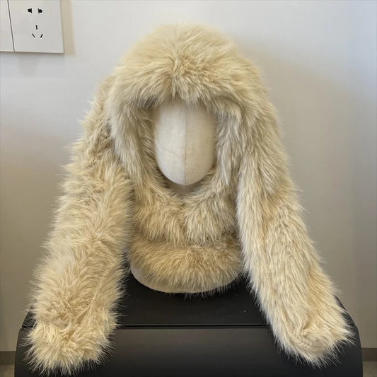Lovely Balaclava Hat for Women Thickened Warm Plush Pullover Scarf Caps with Long Rabbits Ear Outdoor Activity Headwear