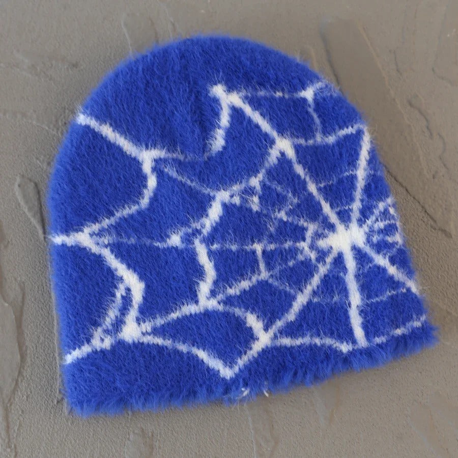 Fashion Plush Knit Spider Web Design Hat for Men Women Pullover Pile Cap Goth Warm Beanie Hats New Hip-hop Street Cap
