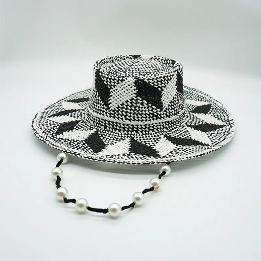 Black White Pattern Toquilla Straw Hats Panama Hats Pearls Chain Sun Hats for Women Men Handmade Fedora Beach Travel Hat