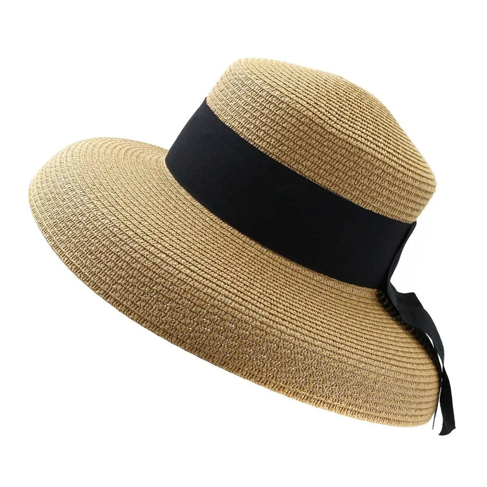 Summer Straw Hat with Ribbon Hepburn Style Big Eaves Female Outdoor Travel Beach Vacation Seaside Sun Hat Fashion Hat