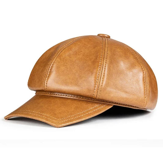 Square Octagonal Retro Genuine Leather Hat Men's Sheepskin Leather Beret Casual Fashion Student Tongue Cap Caps Brown/Black