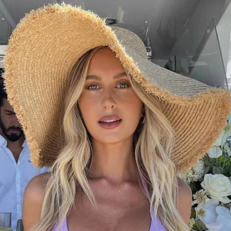 Bohemian Raw-edge Raffia Hat Summer Holidays Beach UPF Sun Hat Sophisticated Trendy UV-filtering Wide-brim Hat