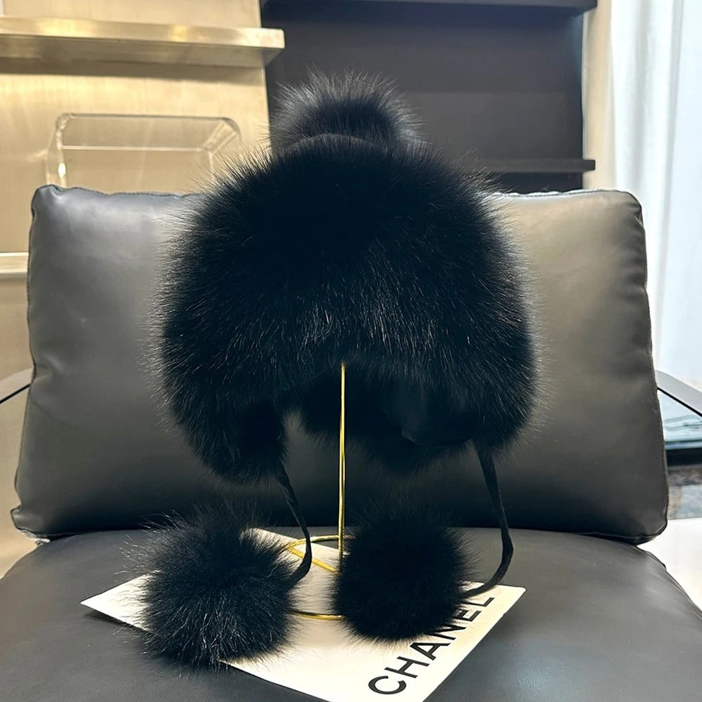 Outdoor Earflap hat Wool Knitted Snow Ski Cap Fleece Bomber Trapper Hat Women Fox Fur Pompom Winter