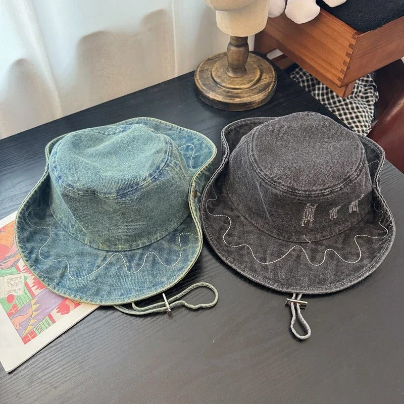 Cowboy Hiking Bucket Hat with String Men Denim Beach Sun Hat for Women Outdoor Couple Bob Panama Summer Fisherman Hat