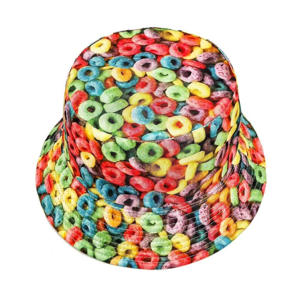 Donut Pattern Bucket Hat Cartoon Graffiti Printing Fisherman Hats Double Sides Panama Cap Men Women Sun Sunscreen Outdoor