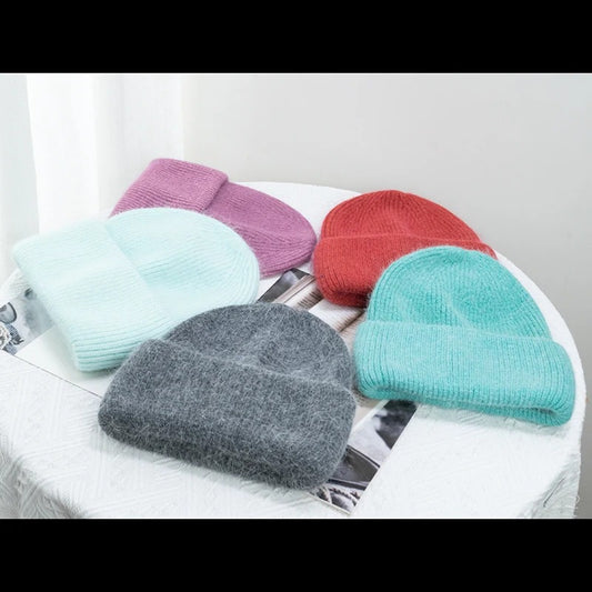 Warm  Angola Rabbit Fur Winter Knitted Beanies Women Cap Female  Ski Outdoor Warm Cashmere Wool Hats