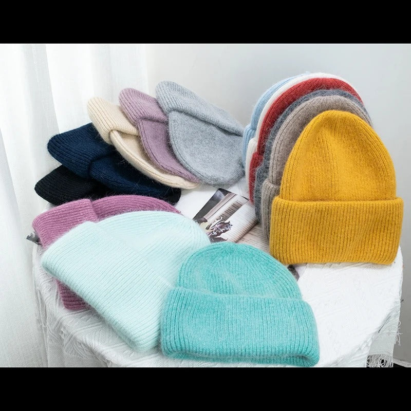 Warm  Angola Rabbit Fur Winter Knitted Beanies Women Cap Female  Ski Outdoor Warm Cashmere Wool Hats