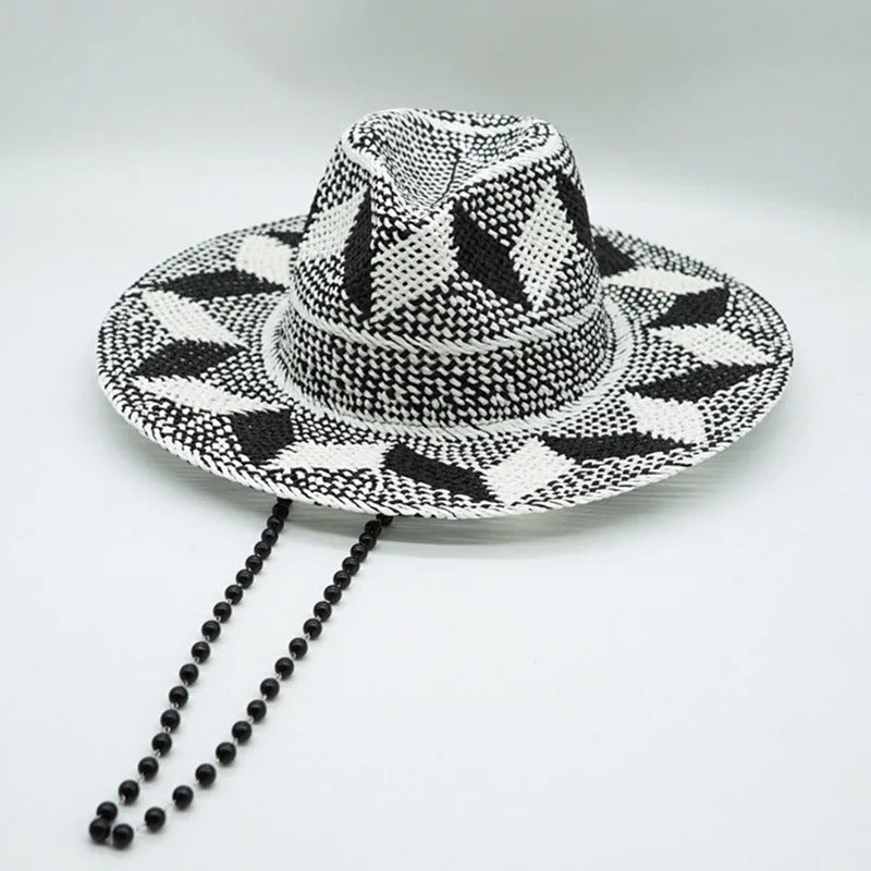 Black White Pattern Toquilla Straw Hats Panama Hats Pearls Chain Sun Hats for Women Men Handmade Fedora Beach Travel Hat