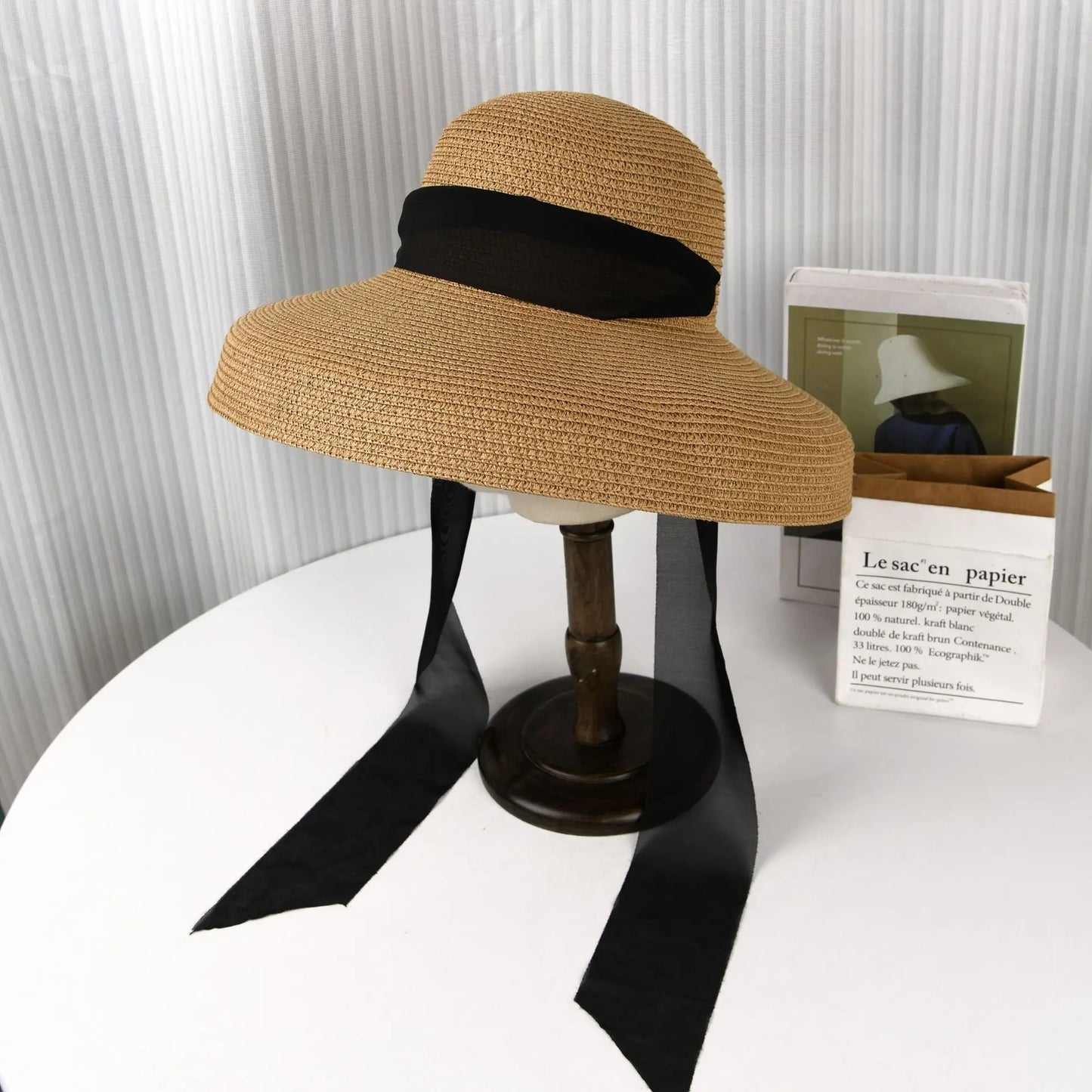 Summer Pape Straw Hat with Windproof Rope Hepburn Style Big Eaves Female Outdoor Travel Beach Vacation Seaside Sun Hat Female