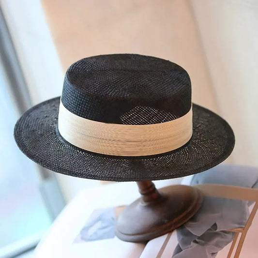 NEW Designer High-quality Customized Version Black Natural Sisal Flat Topped Straw Hat Silk Ribbon Summer Sunhat Dinner Cap