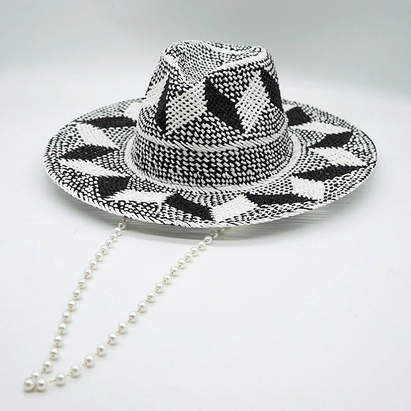 Black White Pattern Toquilla Straw Hats Panama Hats Pearls Chain Sun Hats for Women Men Handmade Fedora Beach Travel Hat