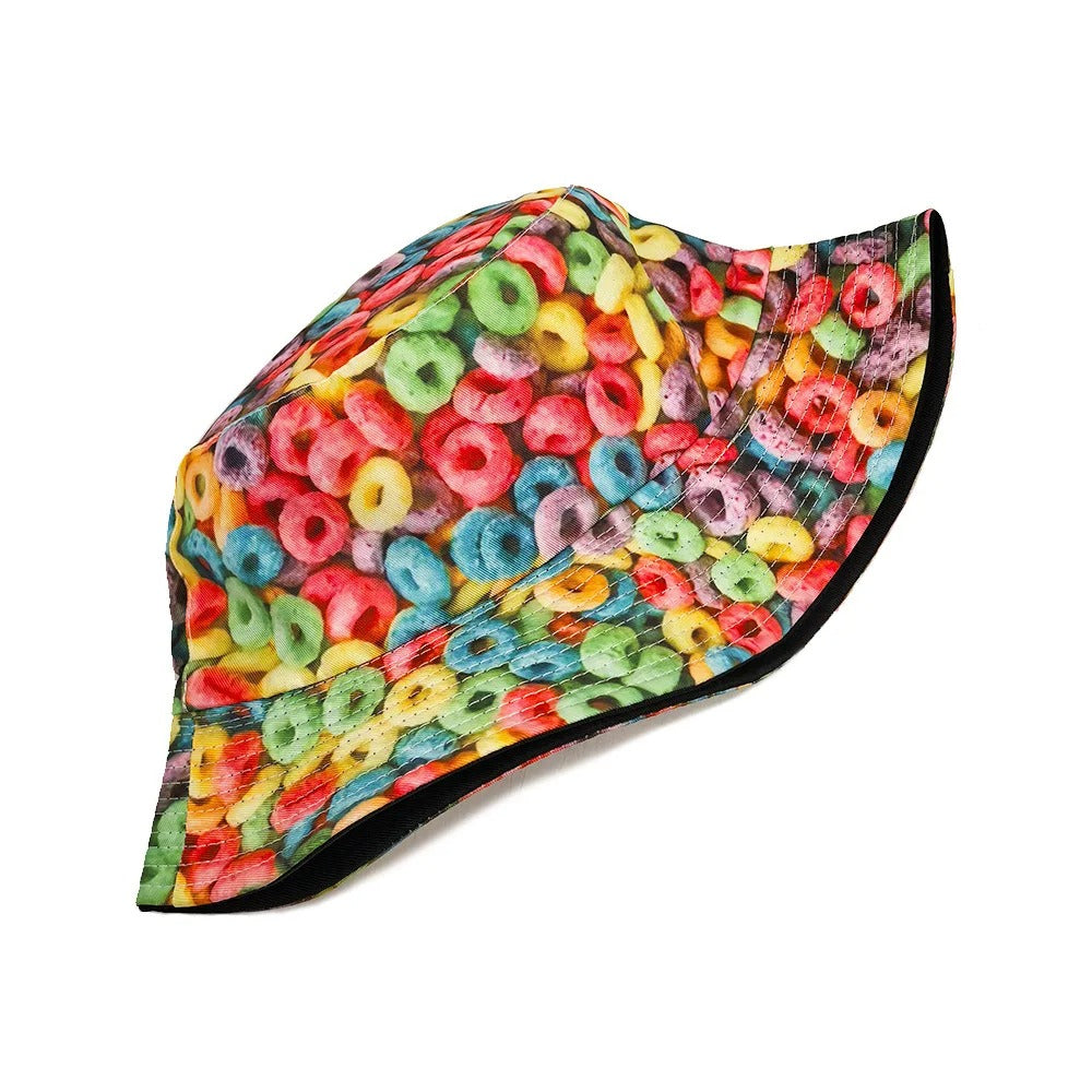Donut Pattern Bucket Hat Cartoon Graffiti Printing Fisherman Hats Double Sides Panama Cap Men Women Sun Sunscreen Outdoor